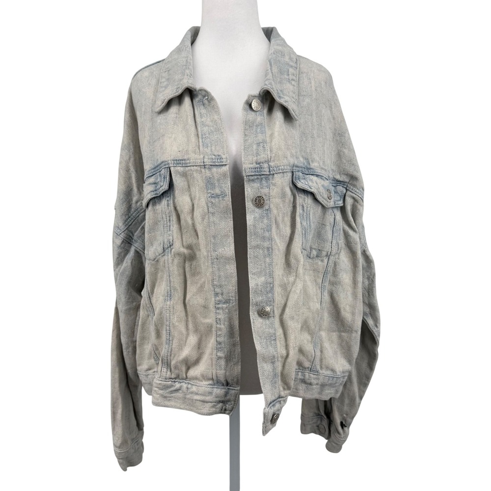 Akira Denim Jacket XL‎ Light Wash Logo Jacquard Oversized Trucker Style Western